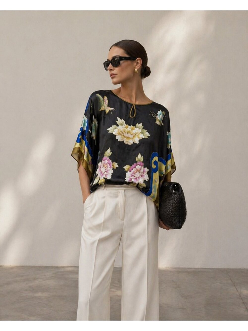 ASILK 100%Silk Floral Kaftan Blouse XXL Black Oversized Boho Resort Vacation Top